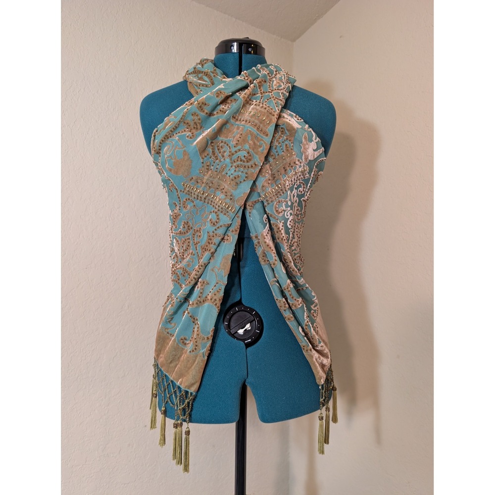Aris Silk Blend Velvet Burnout Beaded Tassel Wrap Shawl Teal Gold Art Nouveau